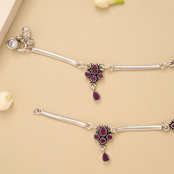 Floral Ruby Stone Antique Silver Anklet