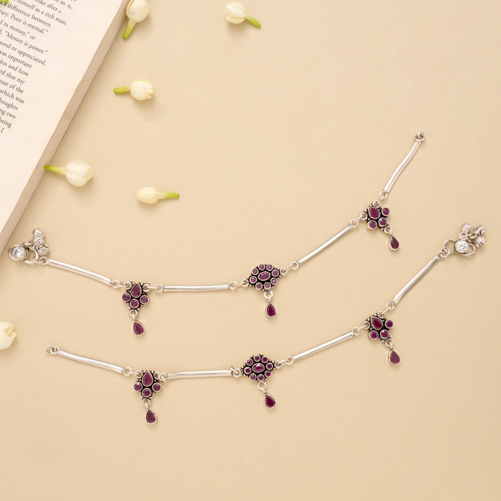 Floral Ruby Stone Antique Silver Anklet