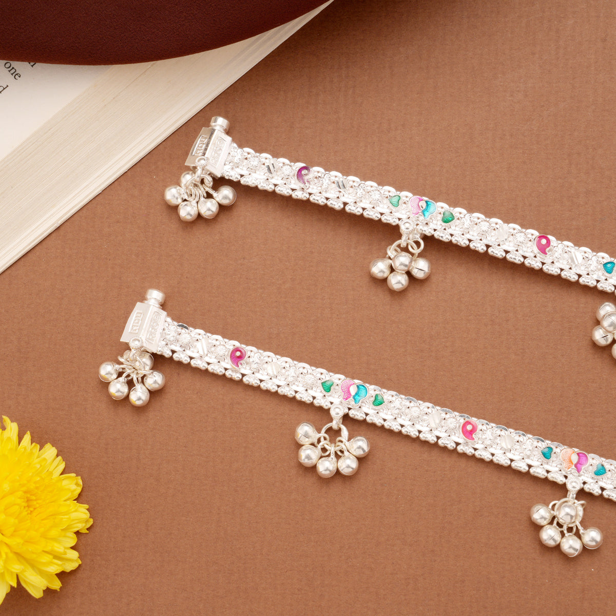 Modern Multicolour Butterfly Design Silver Anklets