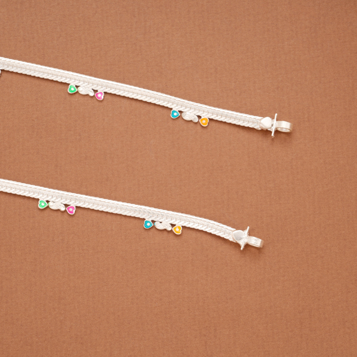 Multicolour Heart Enamel Payal Silver Anklets