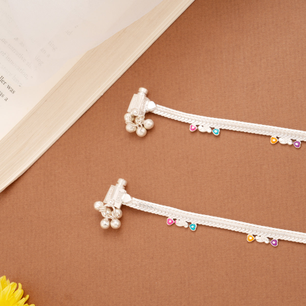 Multicolour Heart Enamel Payal Silver Anklets