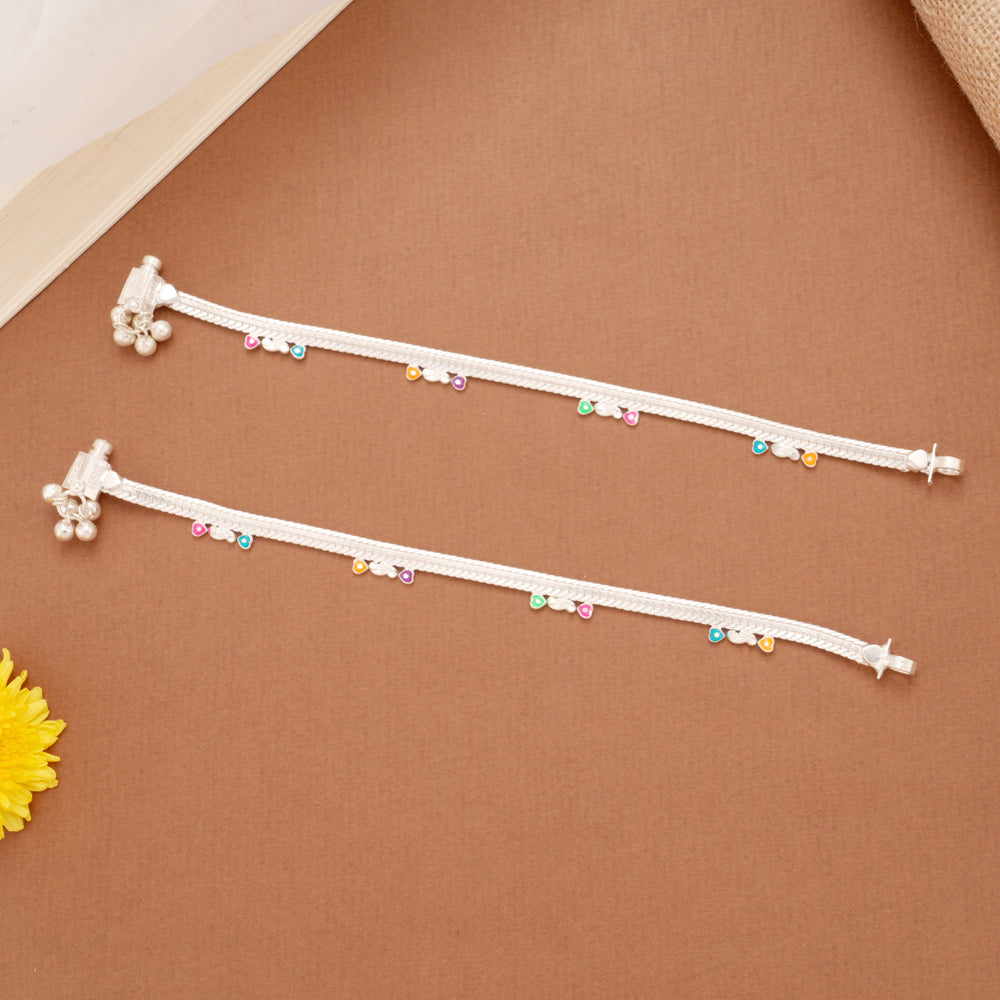 Multicolour Heart Enamel Payal Silver Anklets