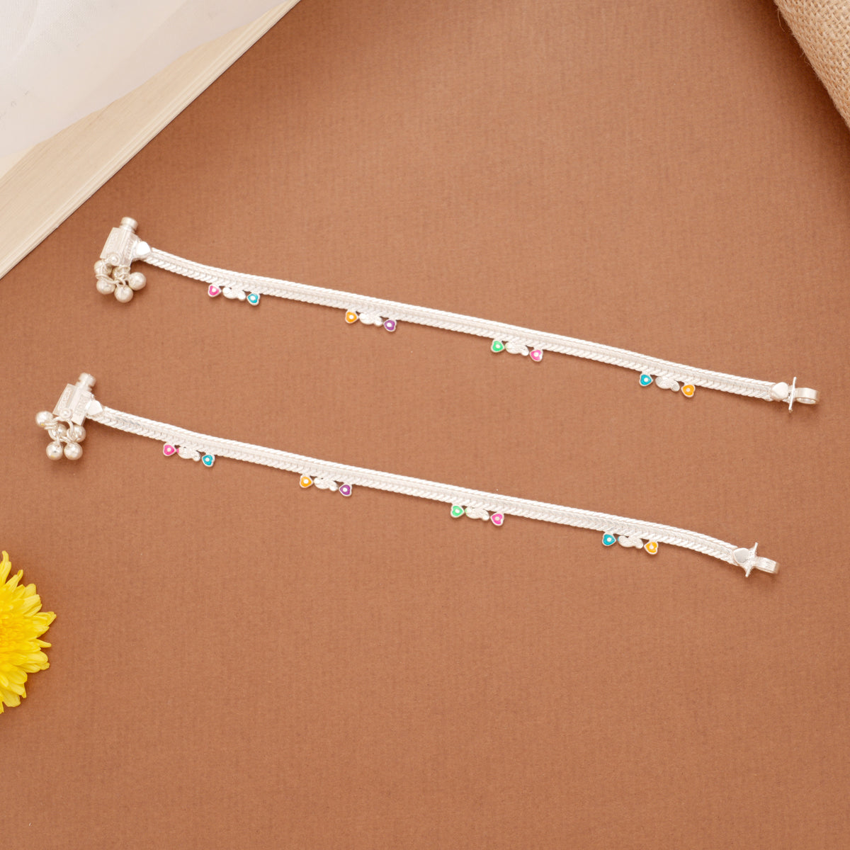 Multicolour Heart Enamel Payal Silver Anklets