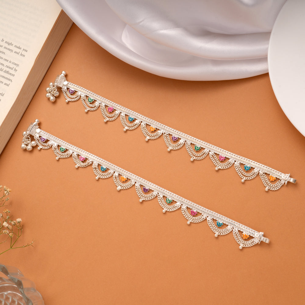Dazzling Chain Design Colourful Enamel Silver Anklets
