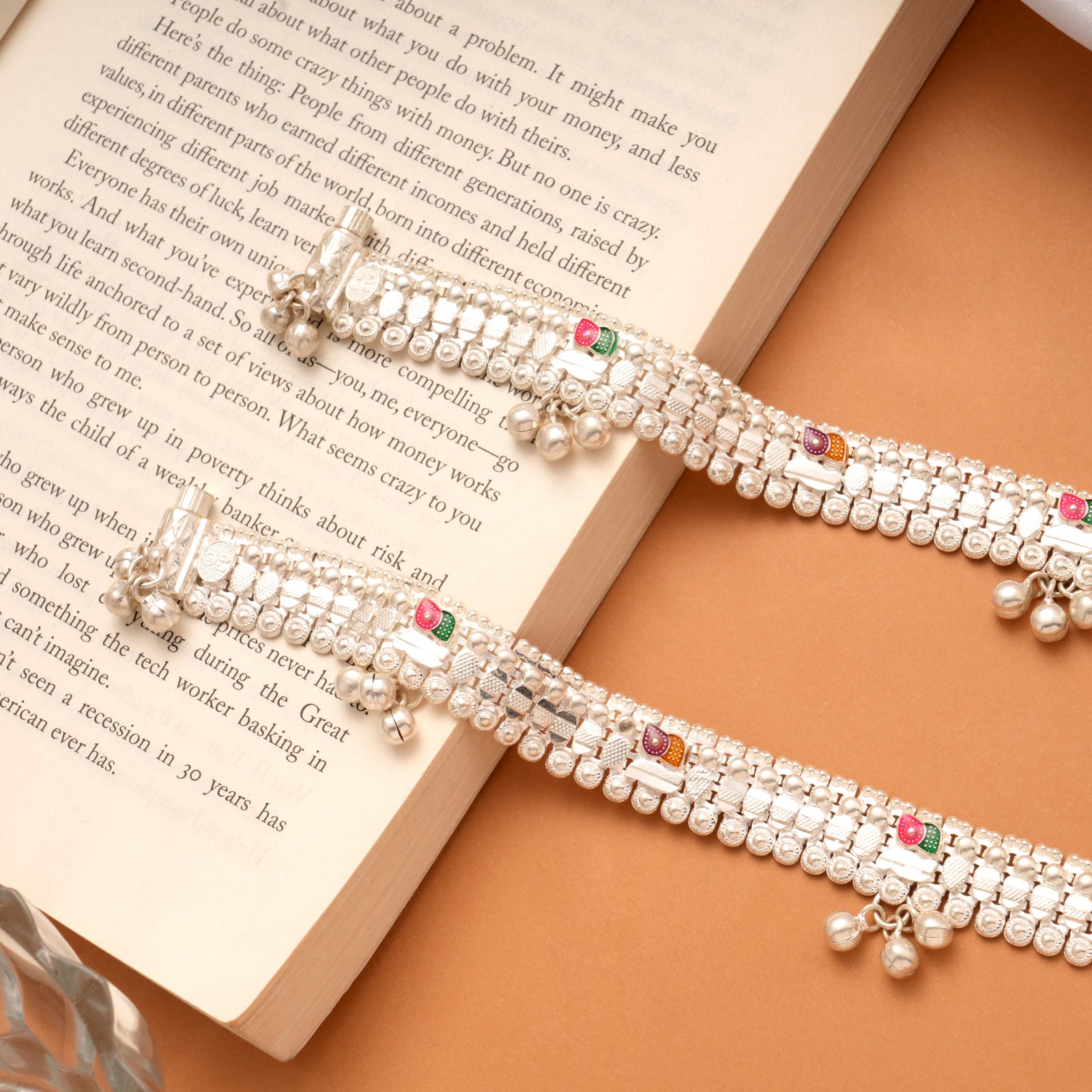Multicolour Enamel Braided Design Silver Anklets