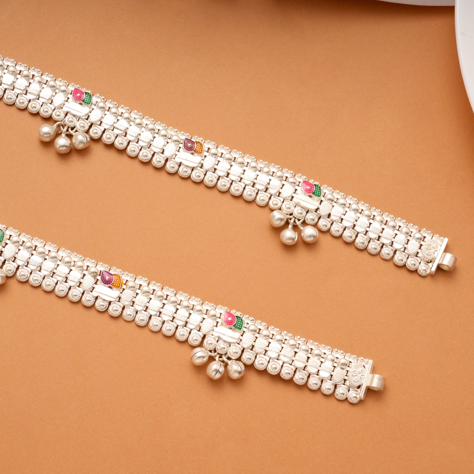 Multicolour Enamel Braided Design Silver Anklets