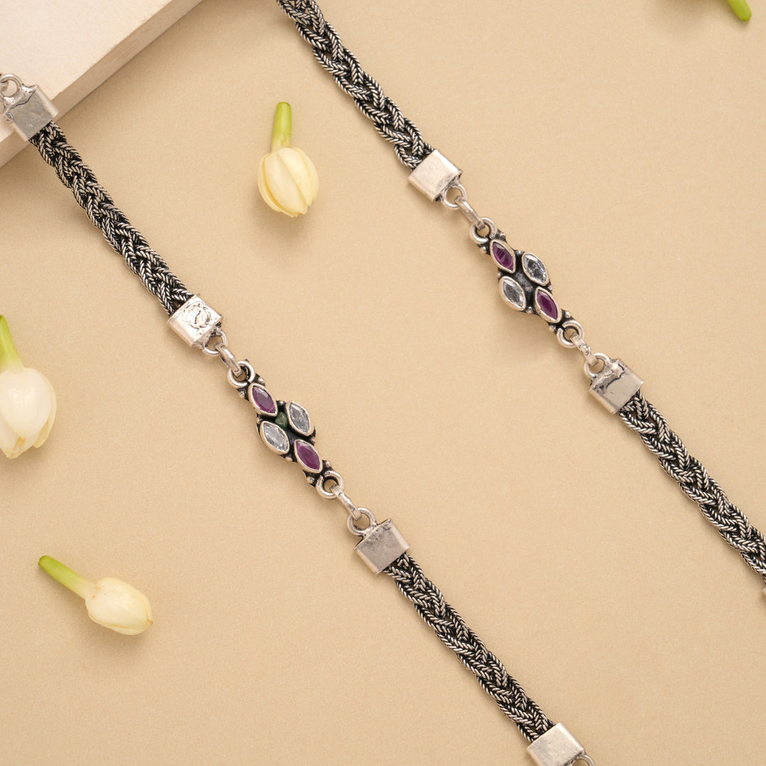 Spiral Linear Ruby White Stone Silver Anklet