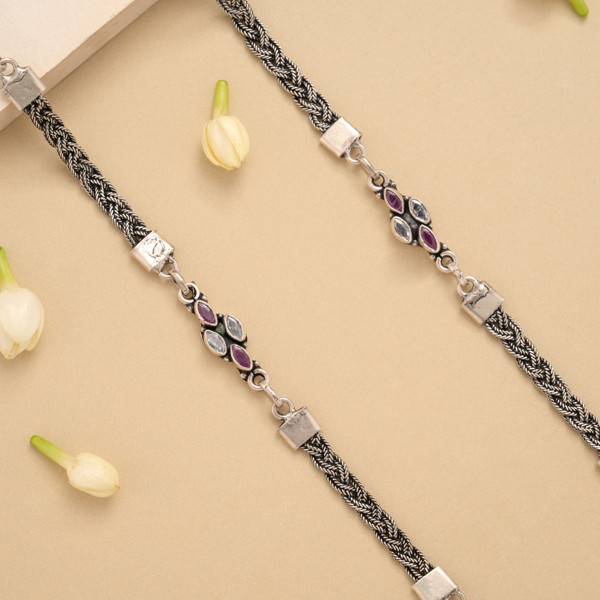 Spiral Linear Ruby White Stone Silver Anklet
