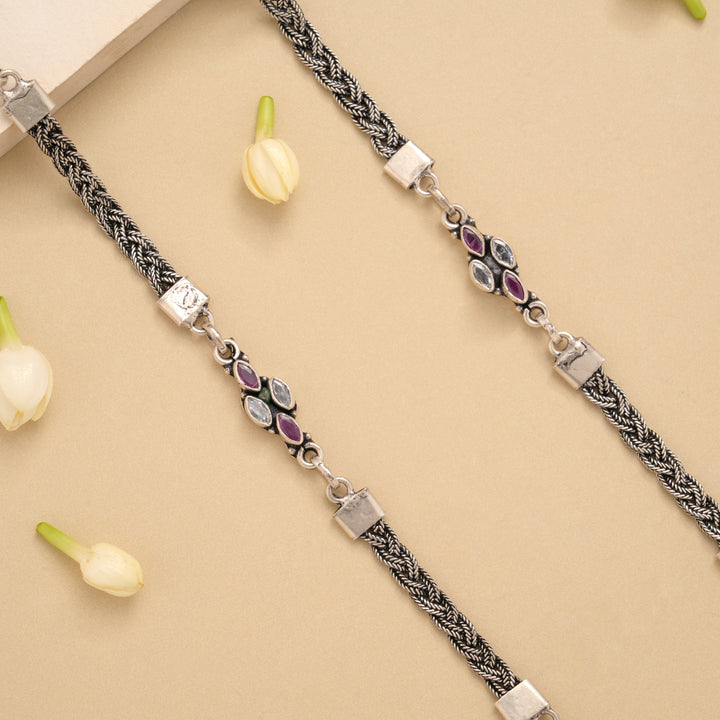 Spiral Linear Ruby White Stone Silver Anklet