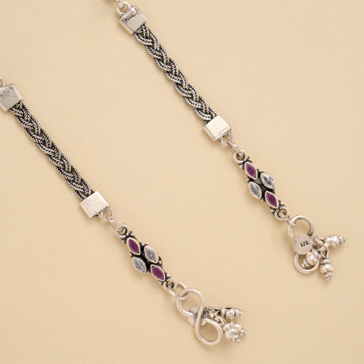 Spiral Linear Ruby White Stone Silver Anklet