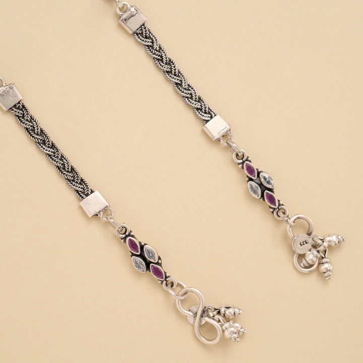 Spiral Linear Ruby White Stone Silver Anklet