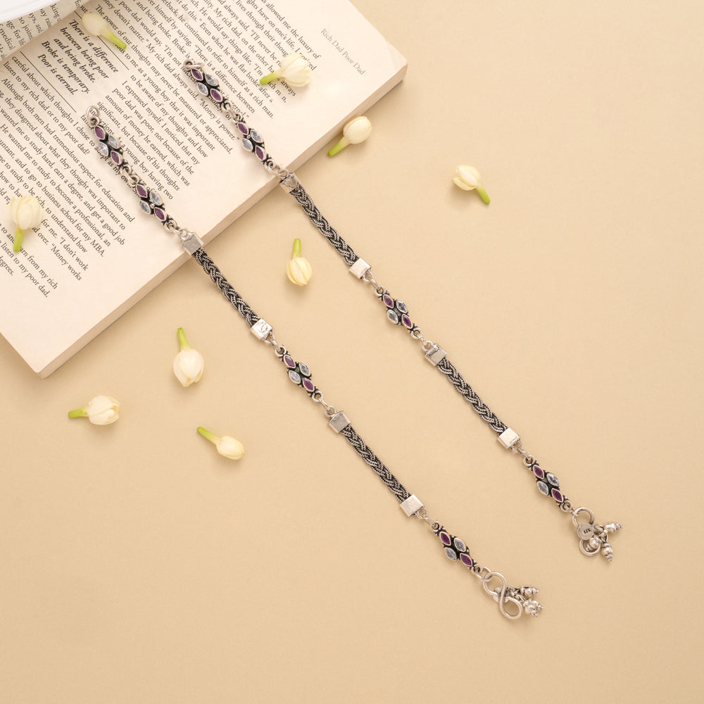 Spiral Linear Ruby White Stone Silver Anklet