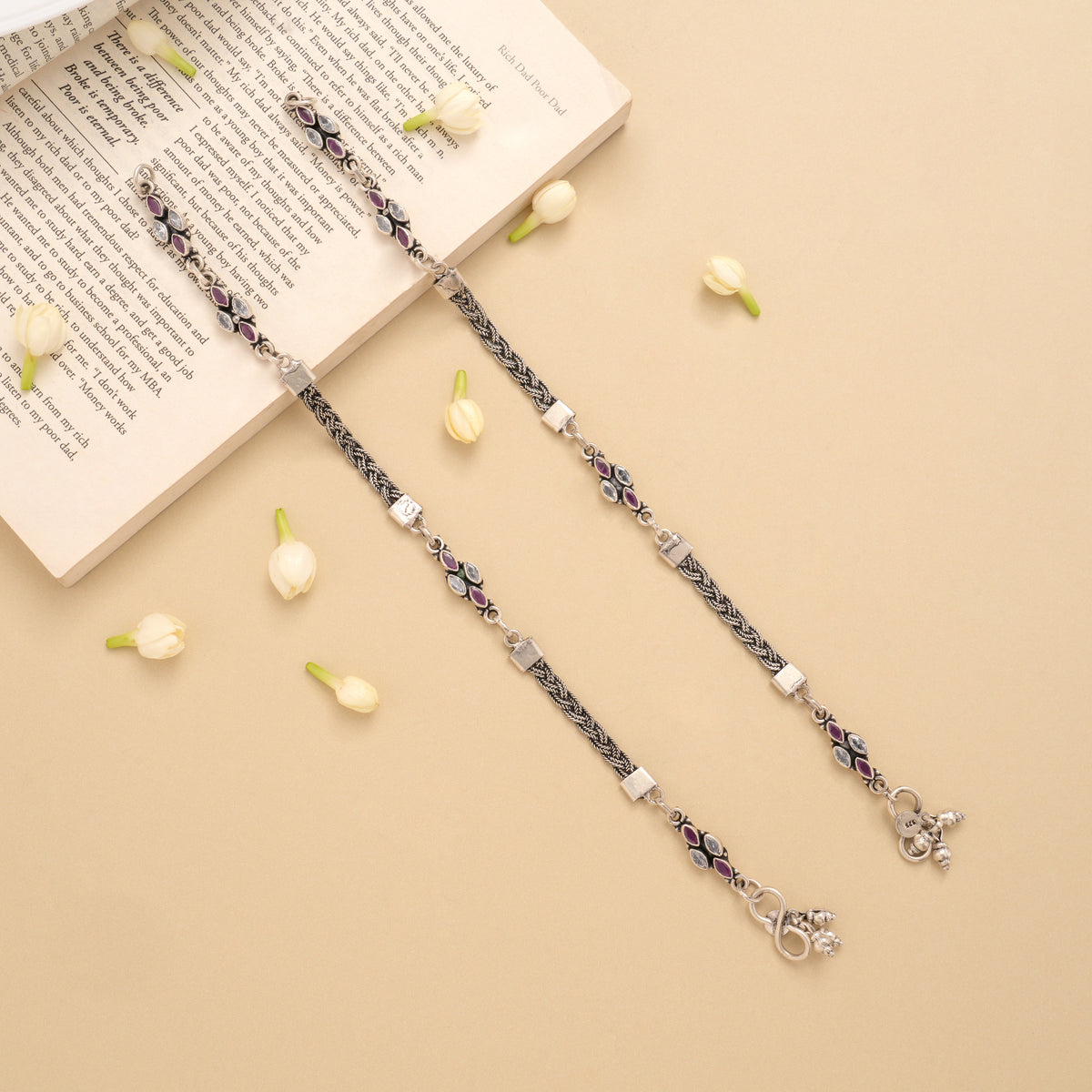 Spiral Linear Ruby White Stone Silver Anklet