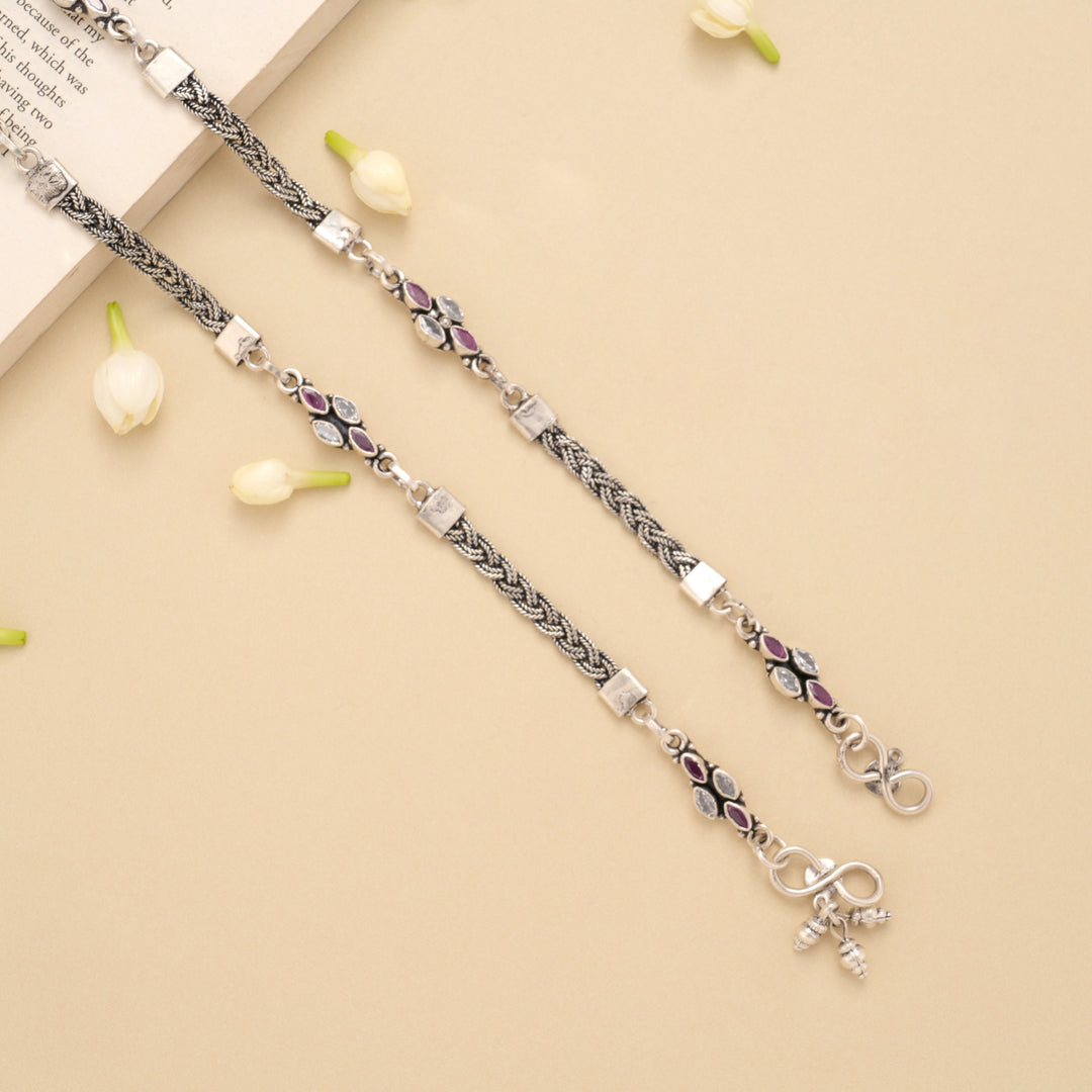 Spiral Twisted Linear Ruby Silver Anklet