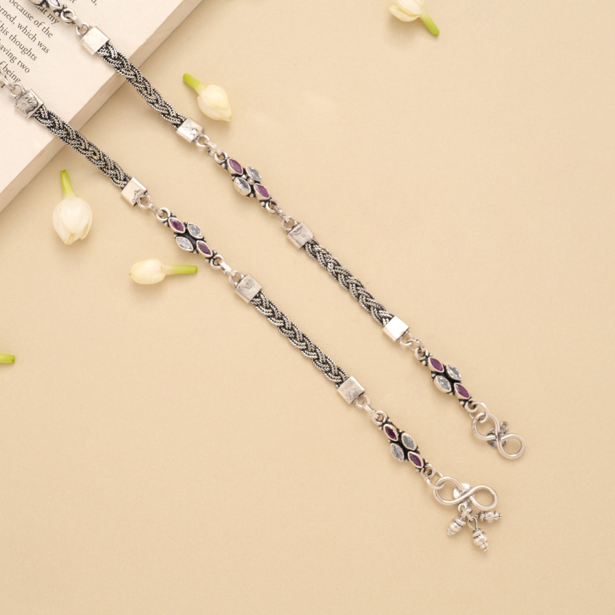 Spiral Twisted Linear Ruby Silver Anklet