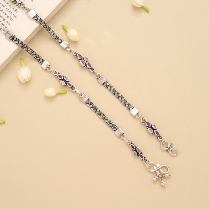 Spiral Twisted Linear Ruby Silver Anklet