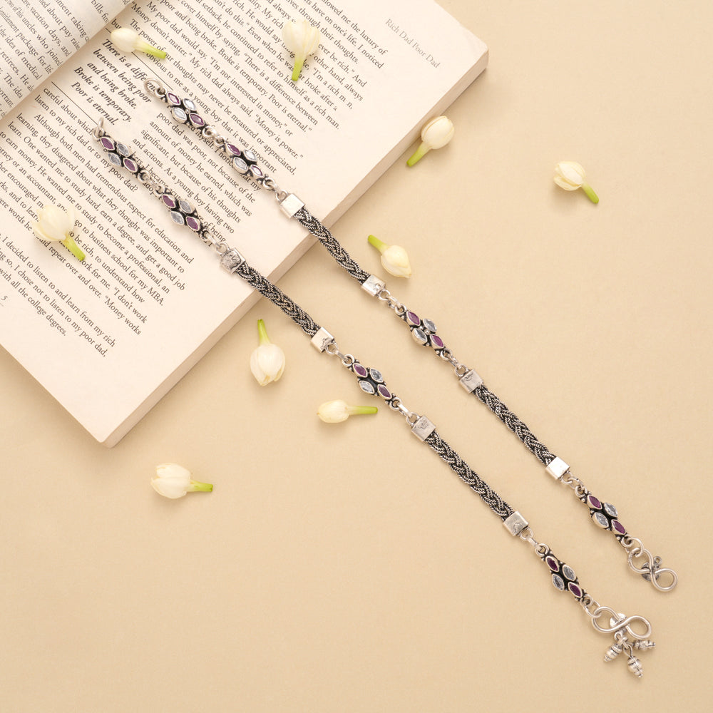 Spiral Twisted Linear Ruby Silver Anklet
