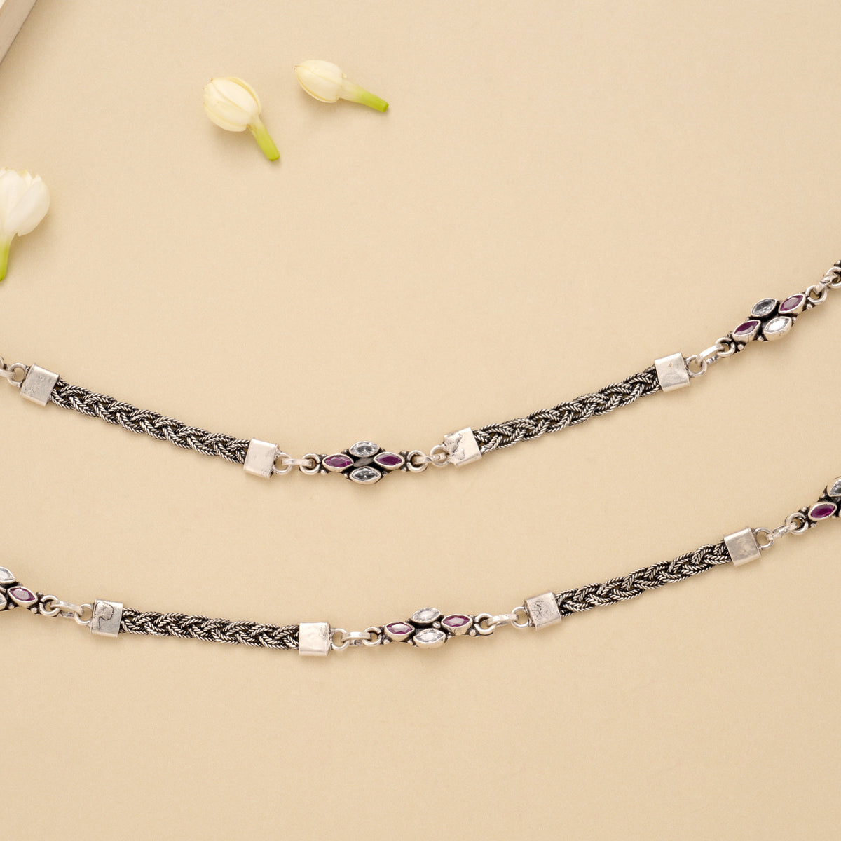 Antique Spiral Ruby Stone Silver Anklet