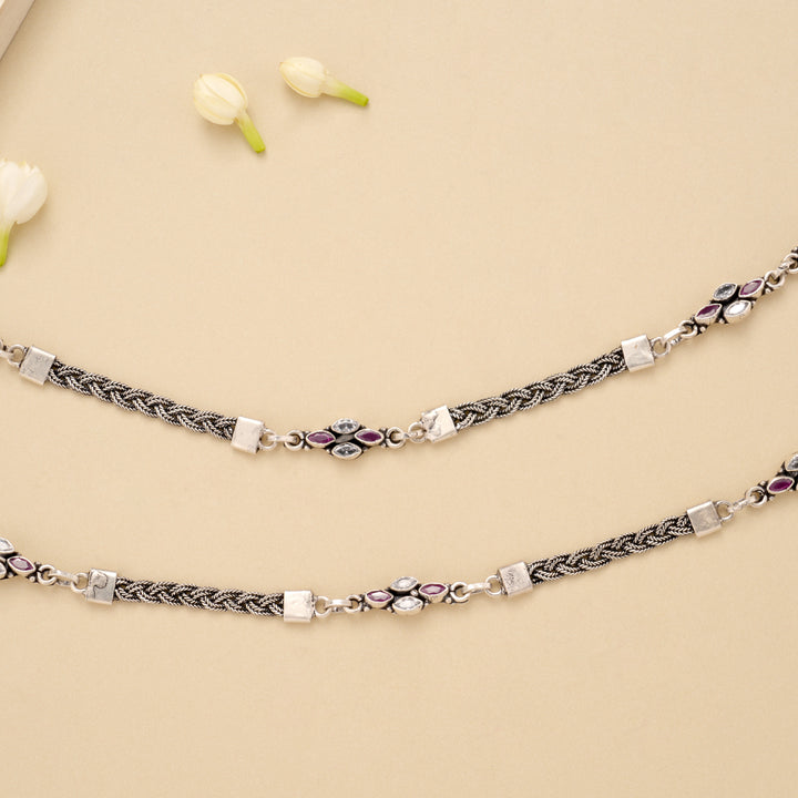 Antique Spiral Ruby Stone Silver Anklet