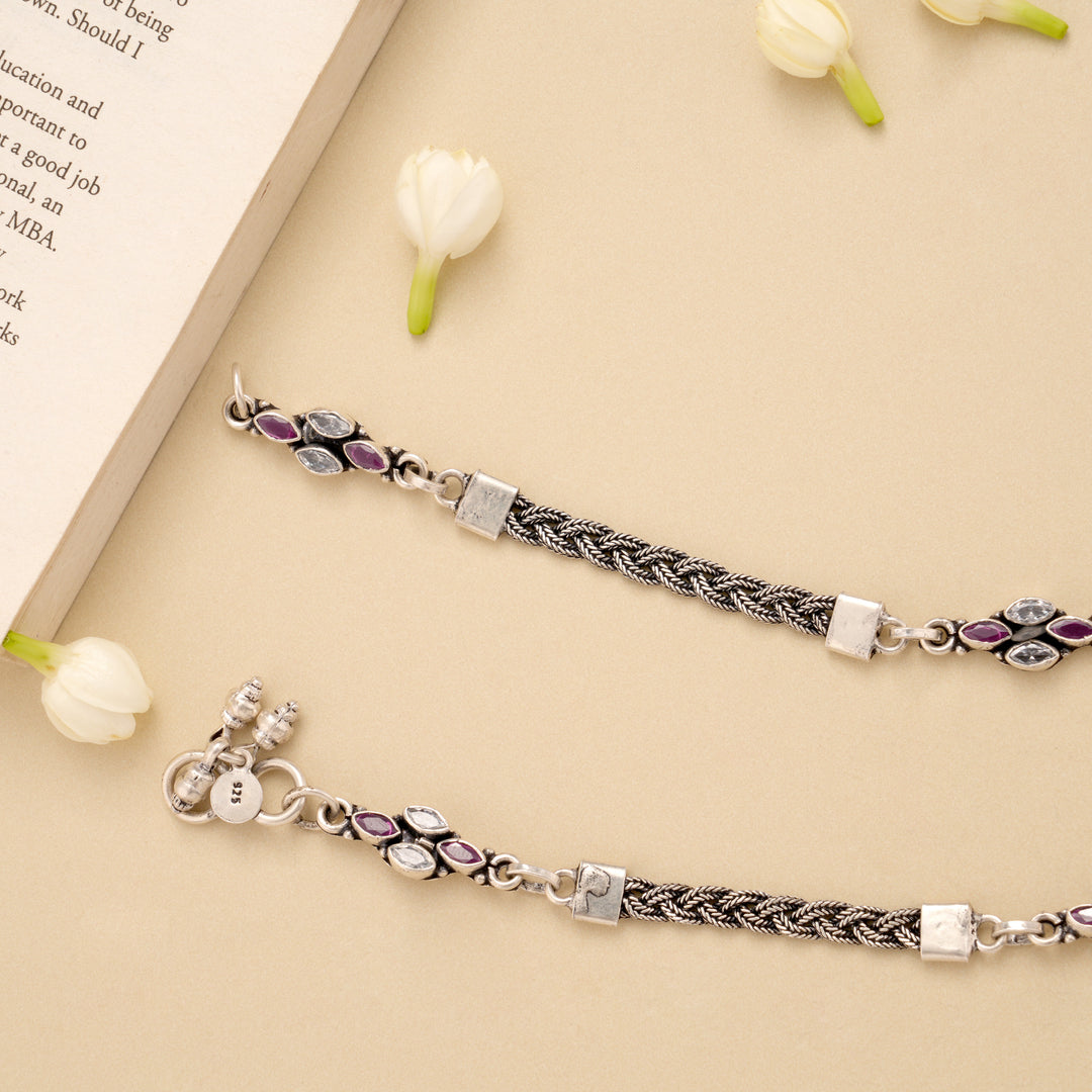 Antique Spiral Ruby Stone Silver Anklet