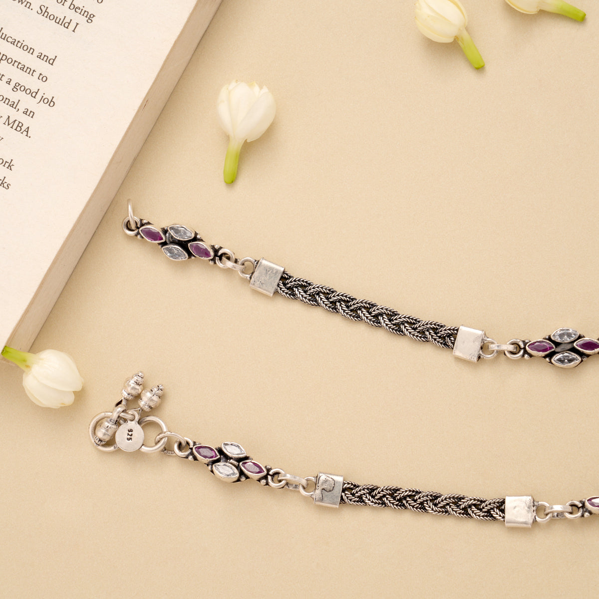 Antique Spiral Ruby Stone Silver Anklet