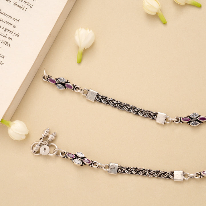 Antique Spiral Ruby Stone Silver Anklet