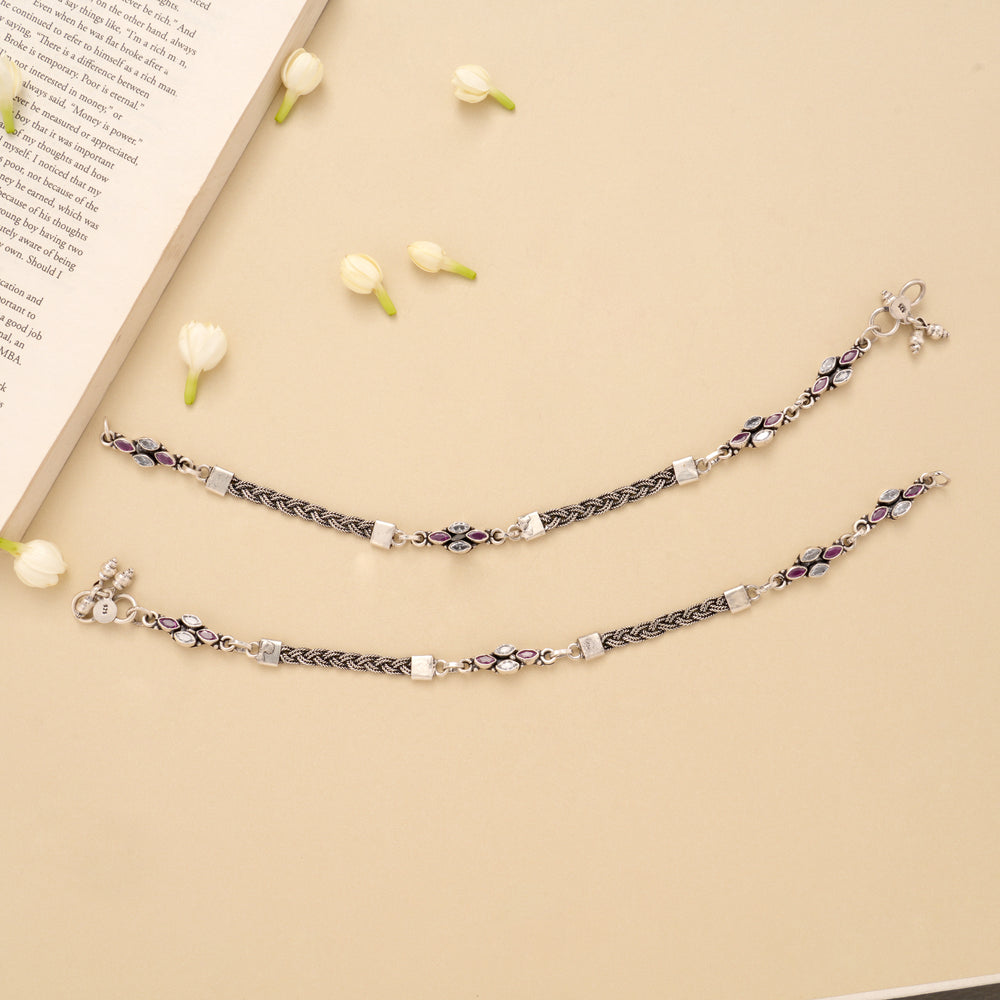 Antique Spiral Ruby Stone Silver Anklet