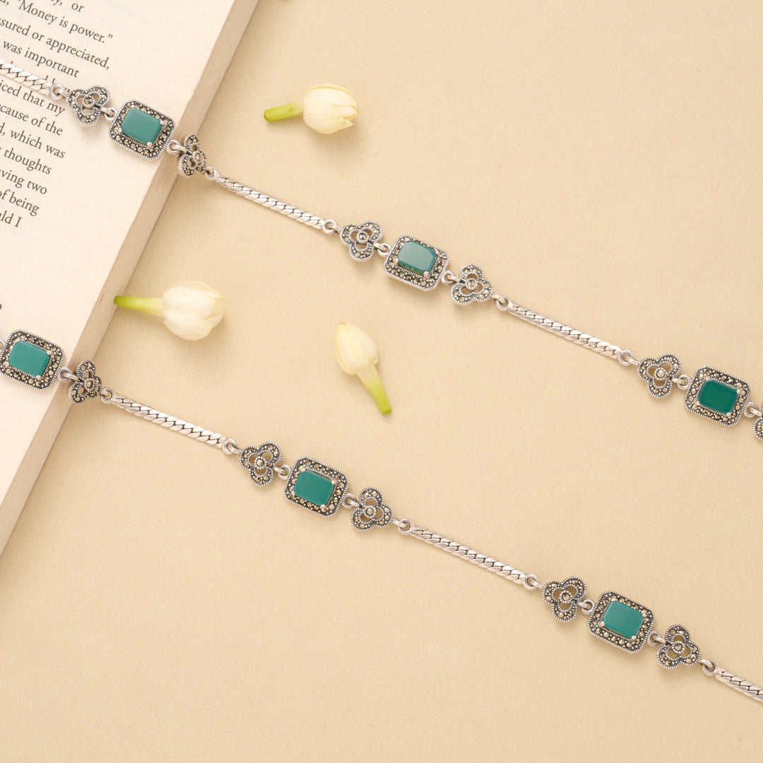 Royal Square Emerald Silver Anklet