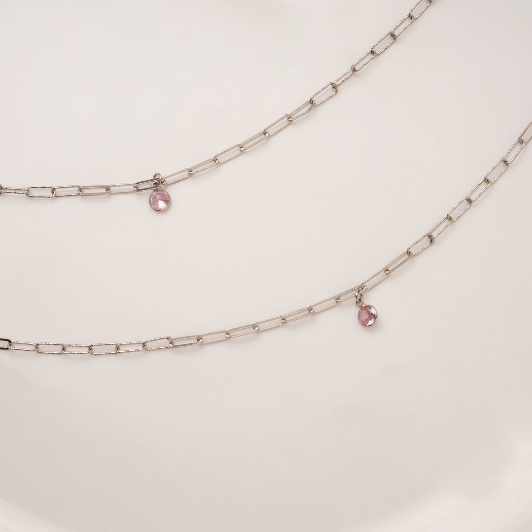Minimal Pink Stone Thin Line Silver Anklets