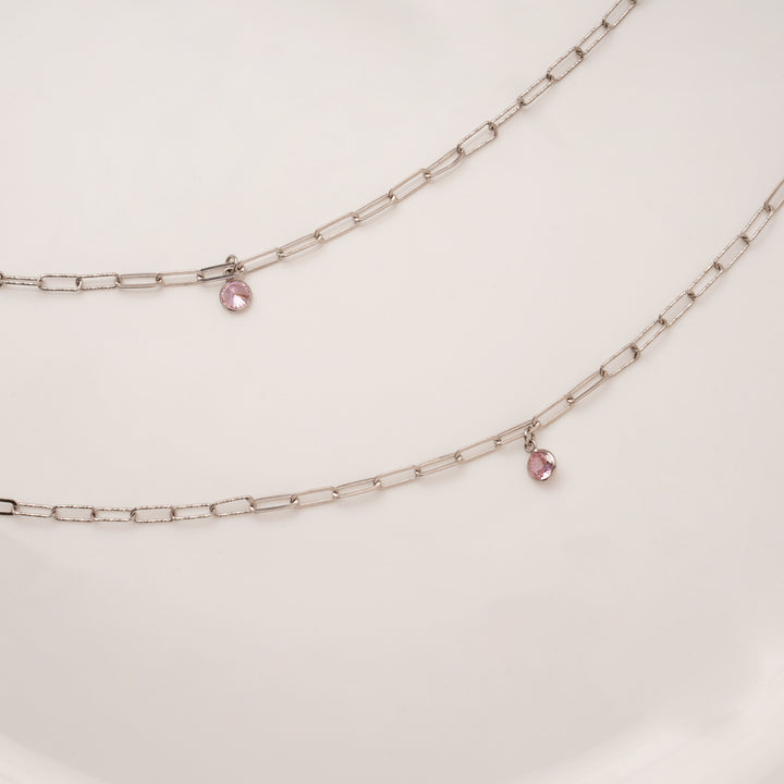 Minimal Pink Stone Thin Line Silver Anklets