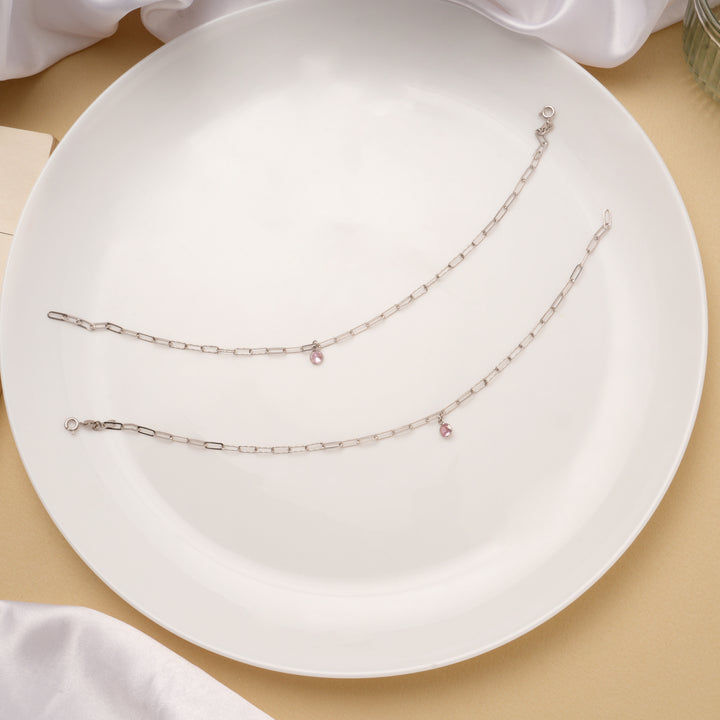 Minimal Pink Stone Thin Line Silver Anklets