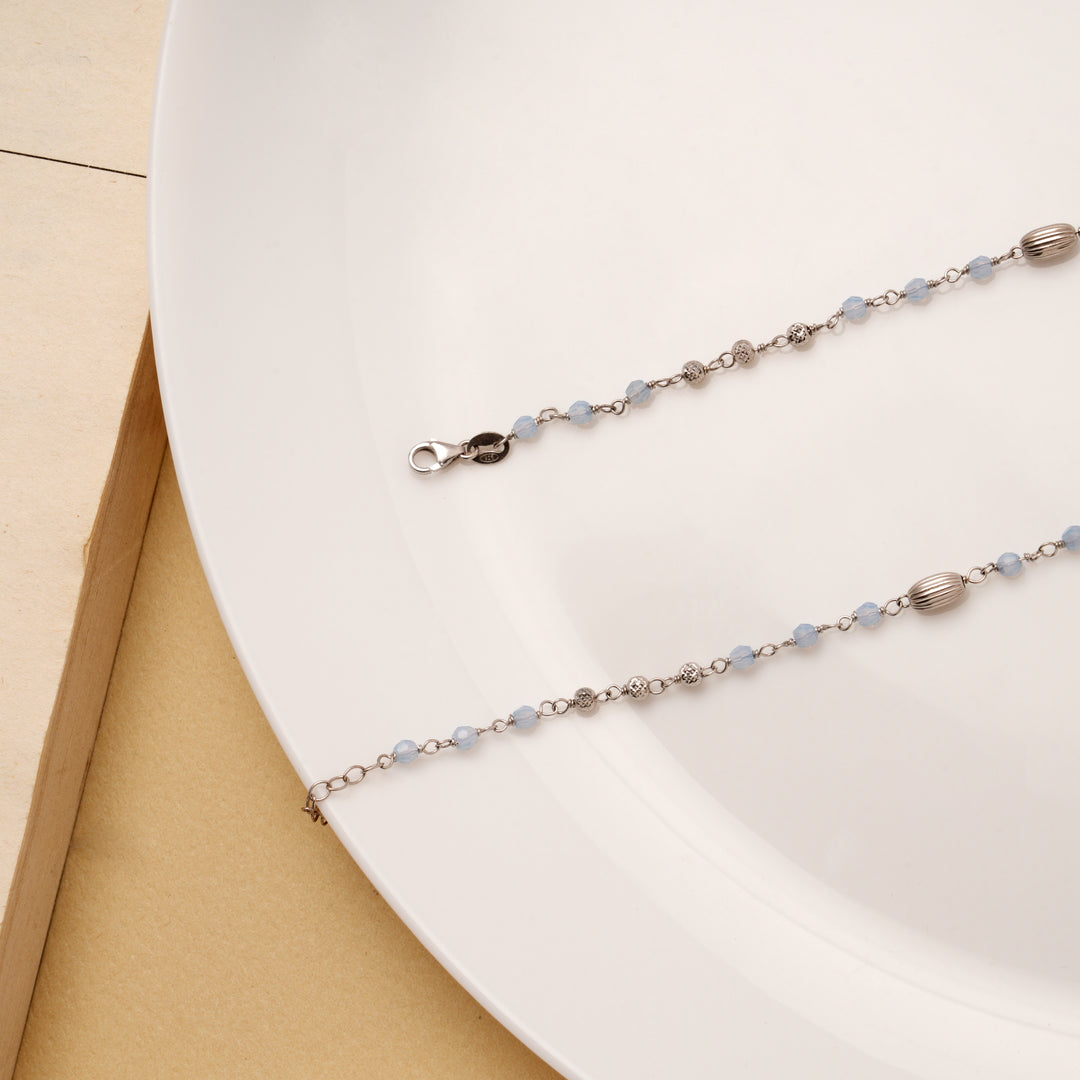 Thin Line Blue Beads Silver Anklets