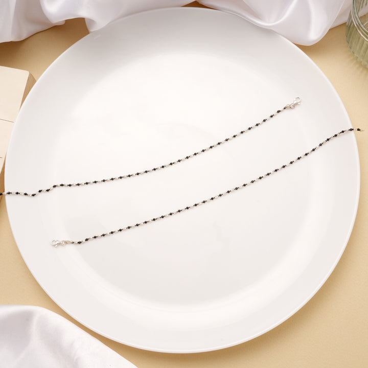 Minimalist Black Beads Silver Anklets
