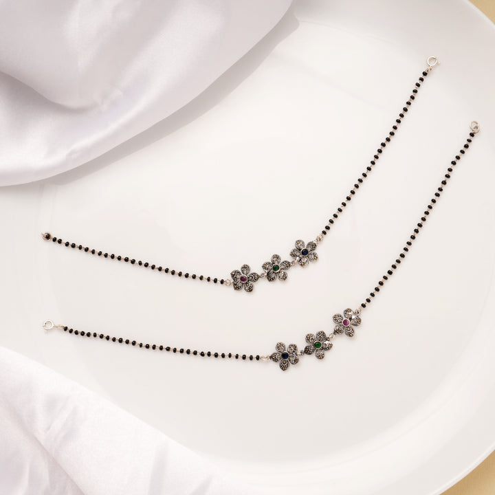 Triple Flower Black Beaded Silver Anklets