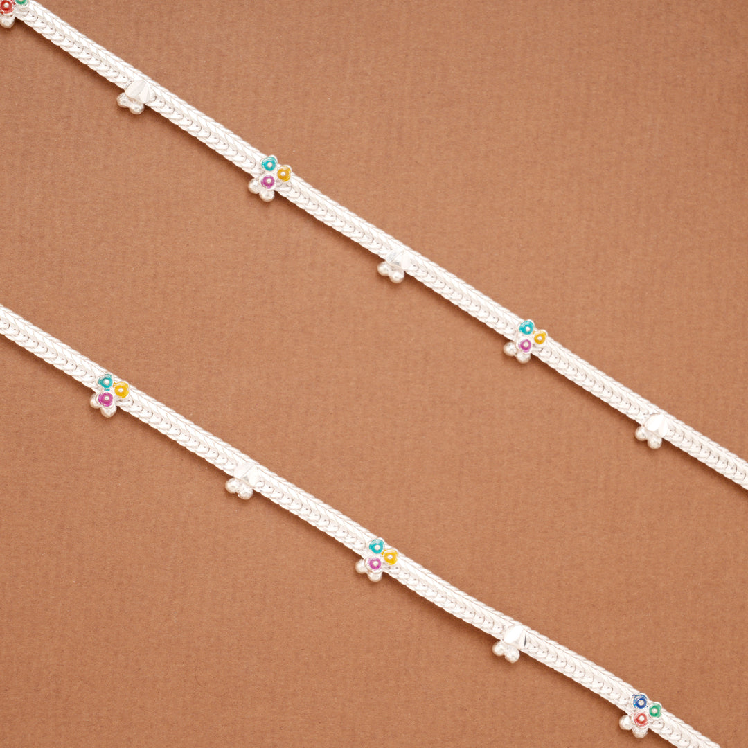 Sleek Tri Floral Enamel Braided Silver Anklets