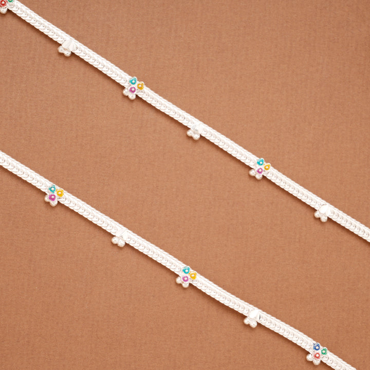 Sleek Tri Floral Enamel Braided Silver Anklets