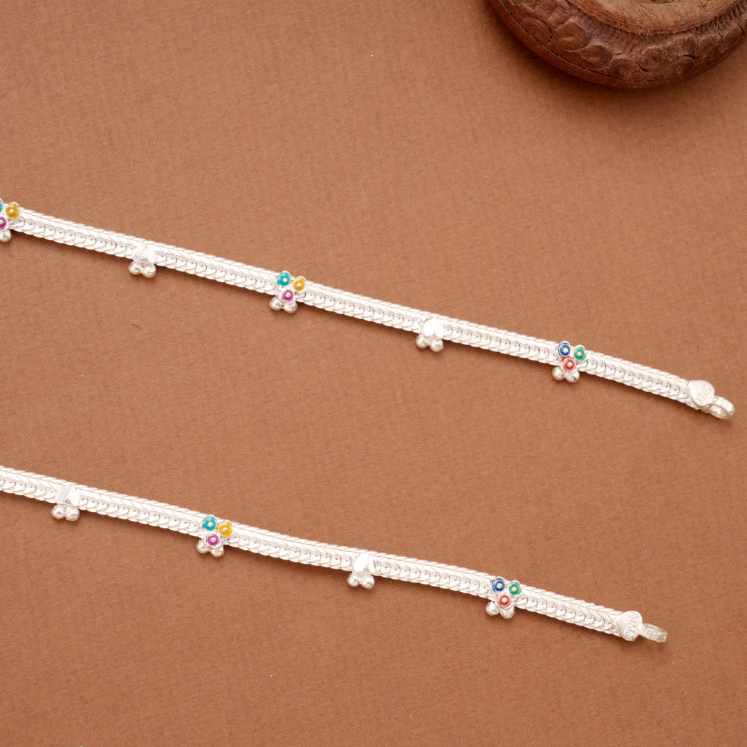 Sleek Tri Floral Enamel Braided Silver Anklets