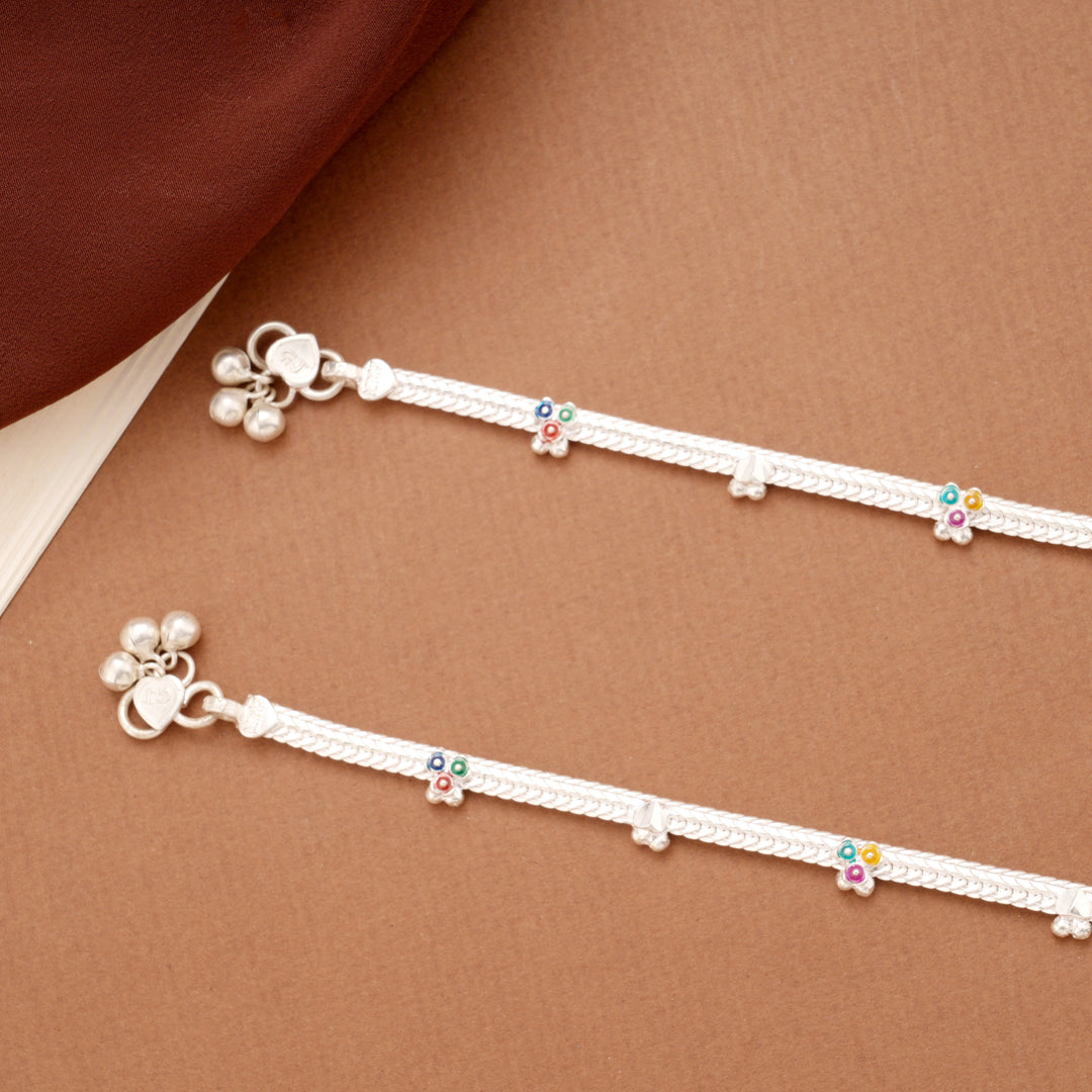 Sleek Tri Floral Enamel Braided Silver Anklets