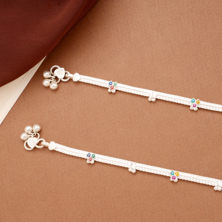 Sleek Tri Floral Enamel Braided Silver Anklets