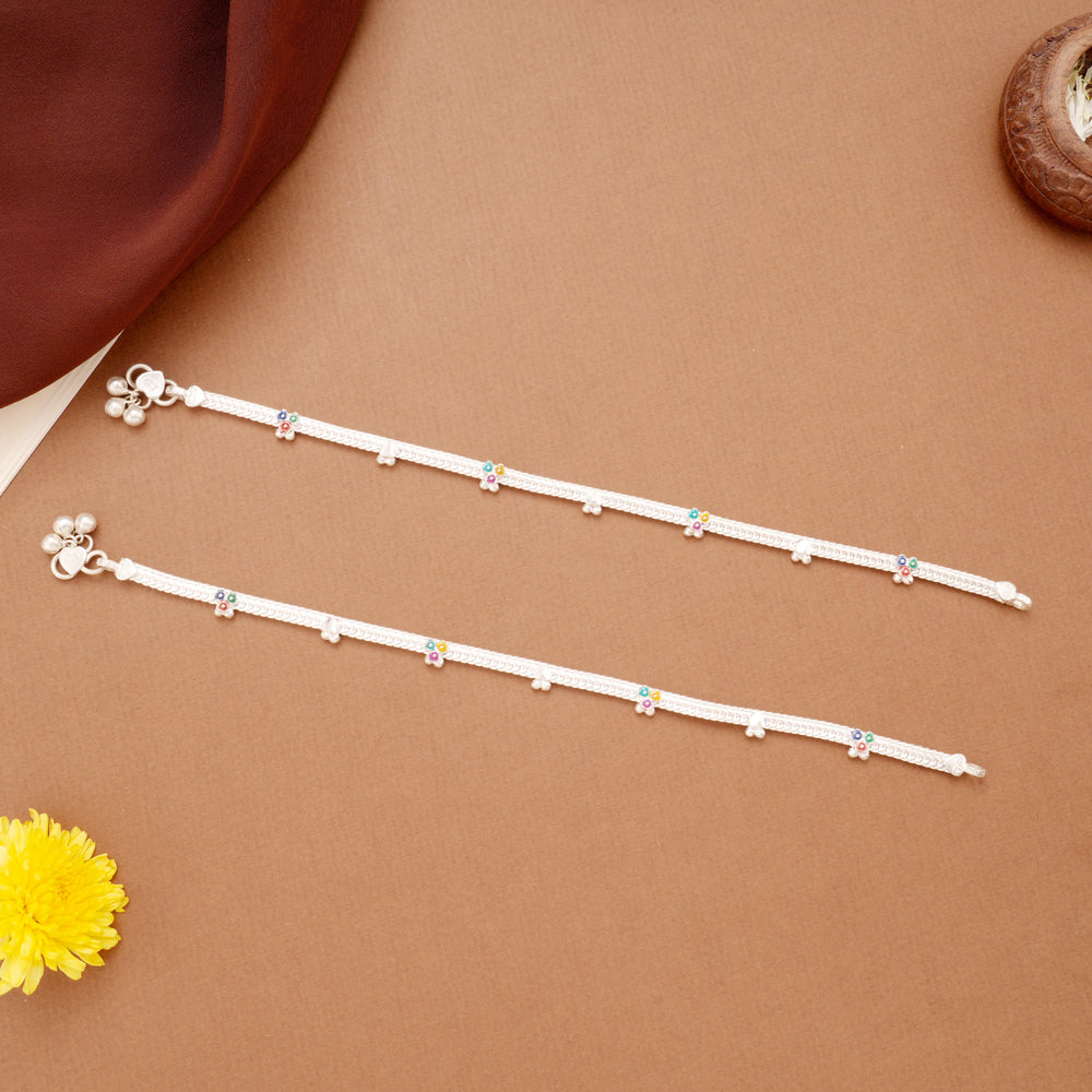 Sleek Tri Floral Enamel Braided Silver Anklets