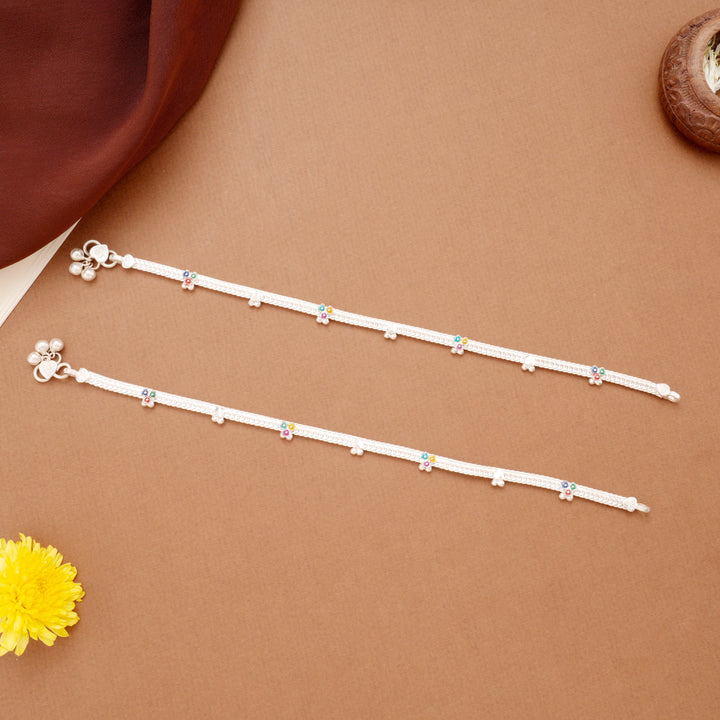 Sleek Tri Floral Enamel Braided Silver Anklets
