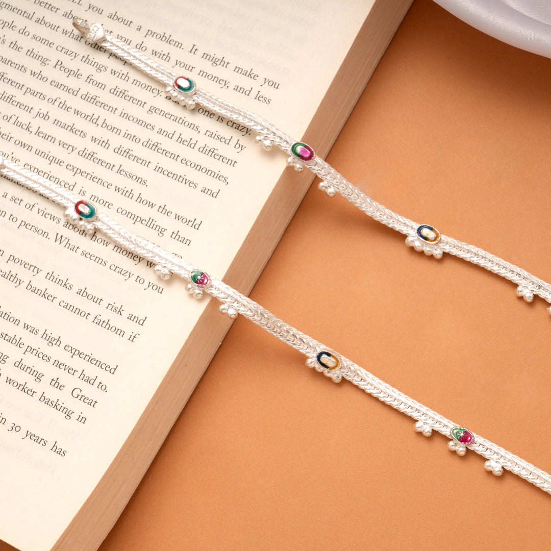 Multicolour Oval Enamel Design Silver Anklets