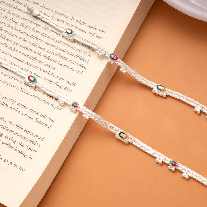 Multicolour Oval Enamel Design Silver Anklets