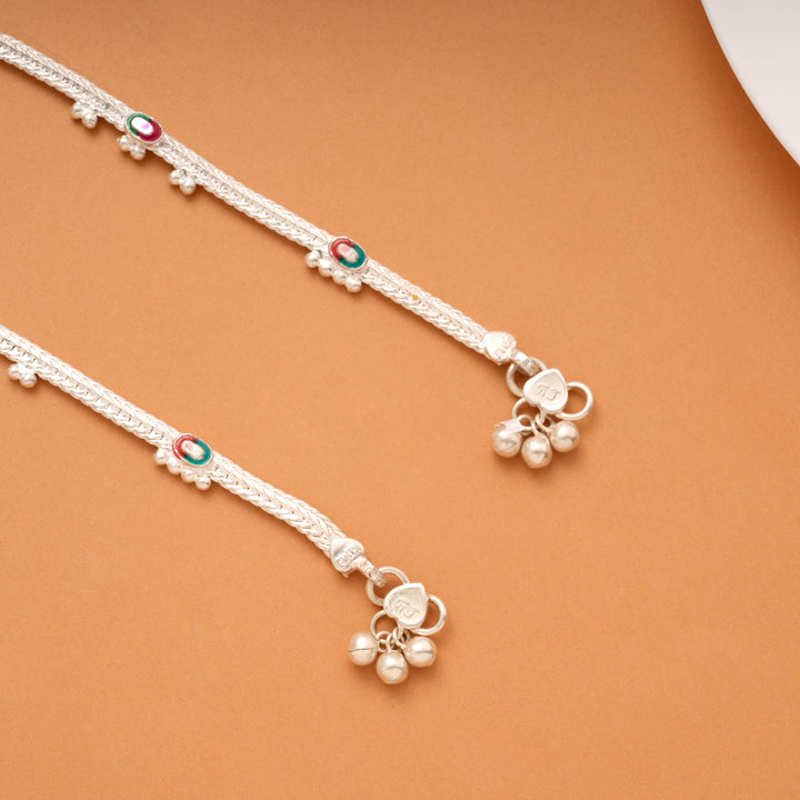 Multicolour Oval Enamel Design Silver Anklets