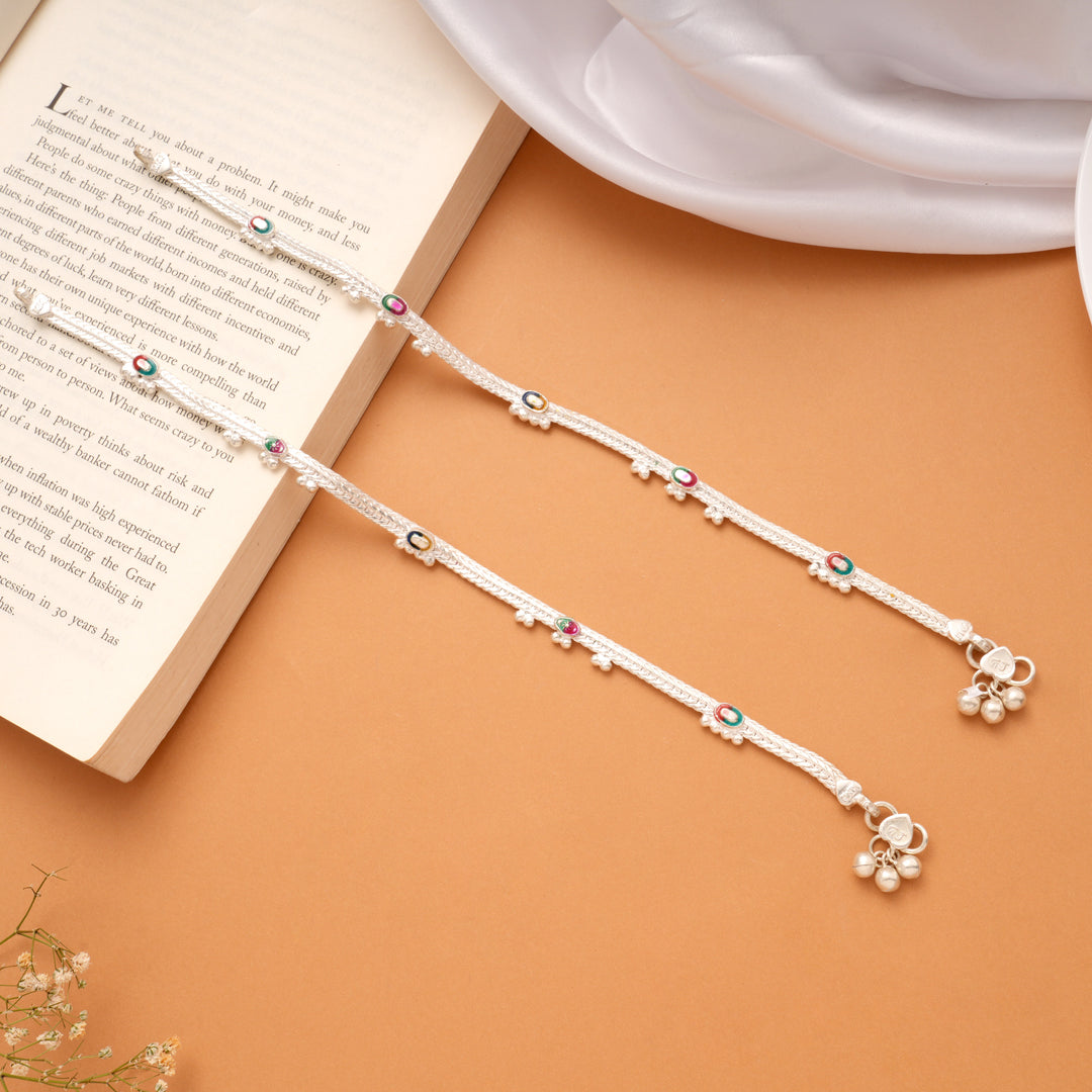 Multicolour Oval Enamel Design Silver Anklets