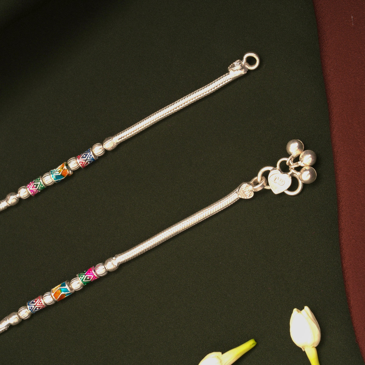 Jingling Bells Design Colourful Beads Silver Anklets
