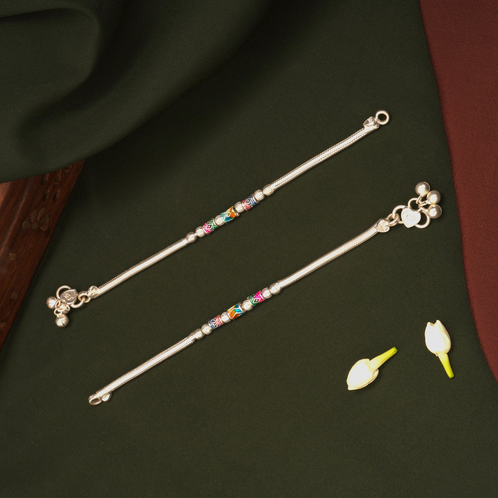Jingling Bells Design Colourful Beads Silver Anklets