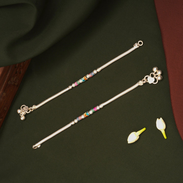 Jingling Bells Design Colourful Beads Silver Anklets