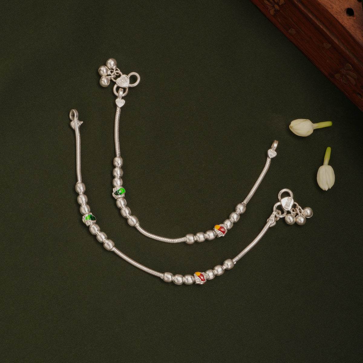 Trendy Dual Colour Beaded Silver Anklets
