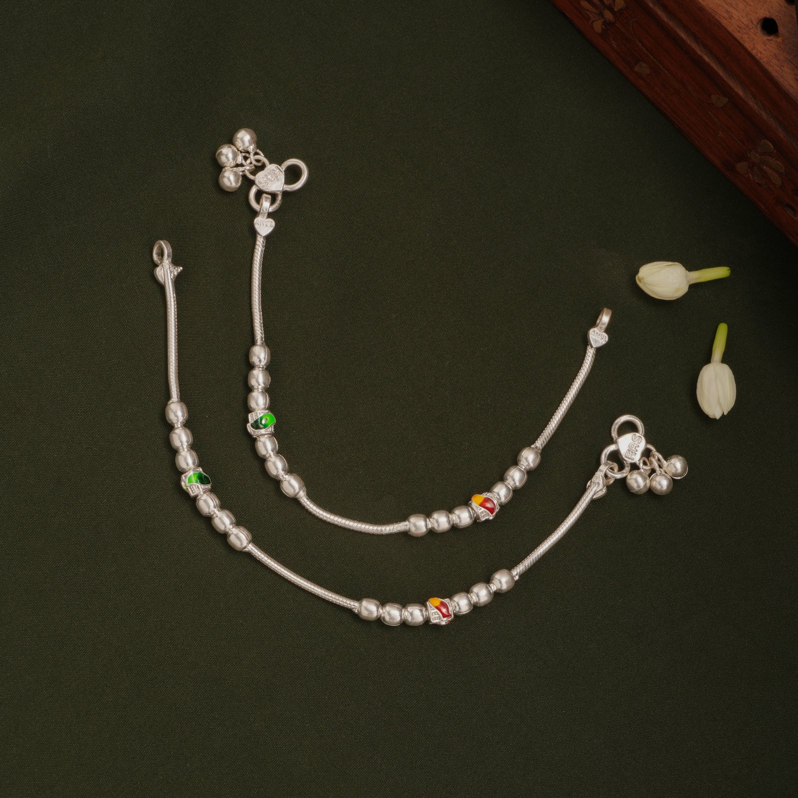 Trendy Dual Colour Beaded Silver Anklets